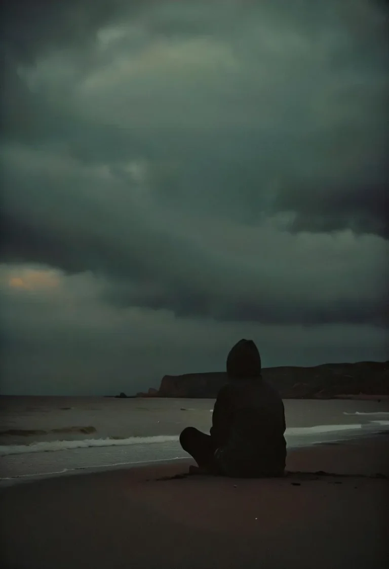 A solitary figure dressed in a dark hooded jacket sitting on a dark sandy beach, under a stormy sky. AI generated image using Stable Diffusion.