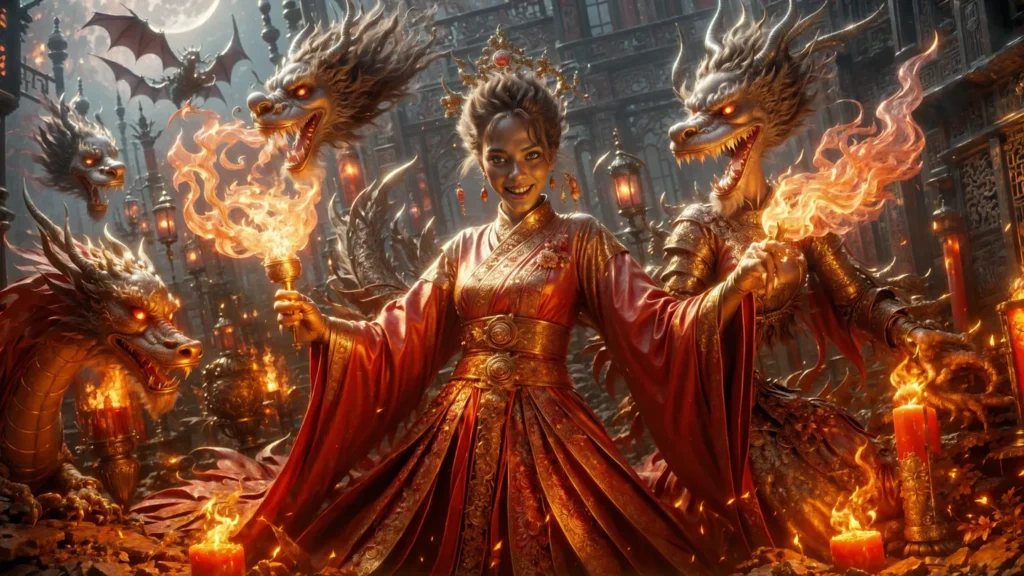 Ai generated image using stable diffusion of a fire-wielding sorceress in ornate robe summoning dragons in a fiery, medieval setting.