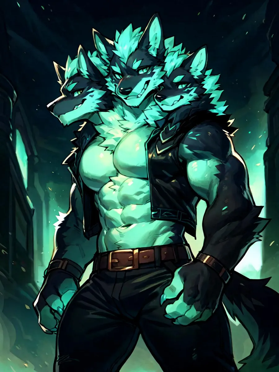 A muscular anthropomorphic three-headed wolf-man standing in a dark alley, illustrated using AI and Stable Diffusion.