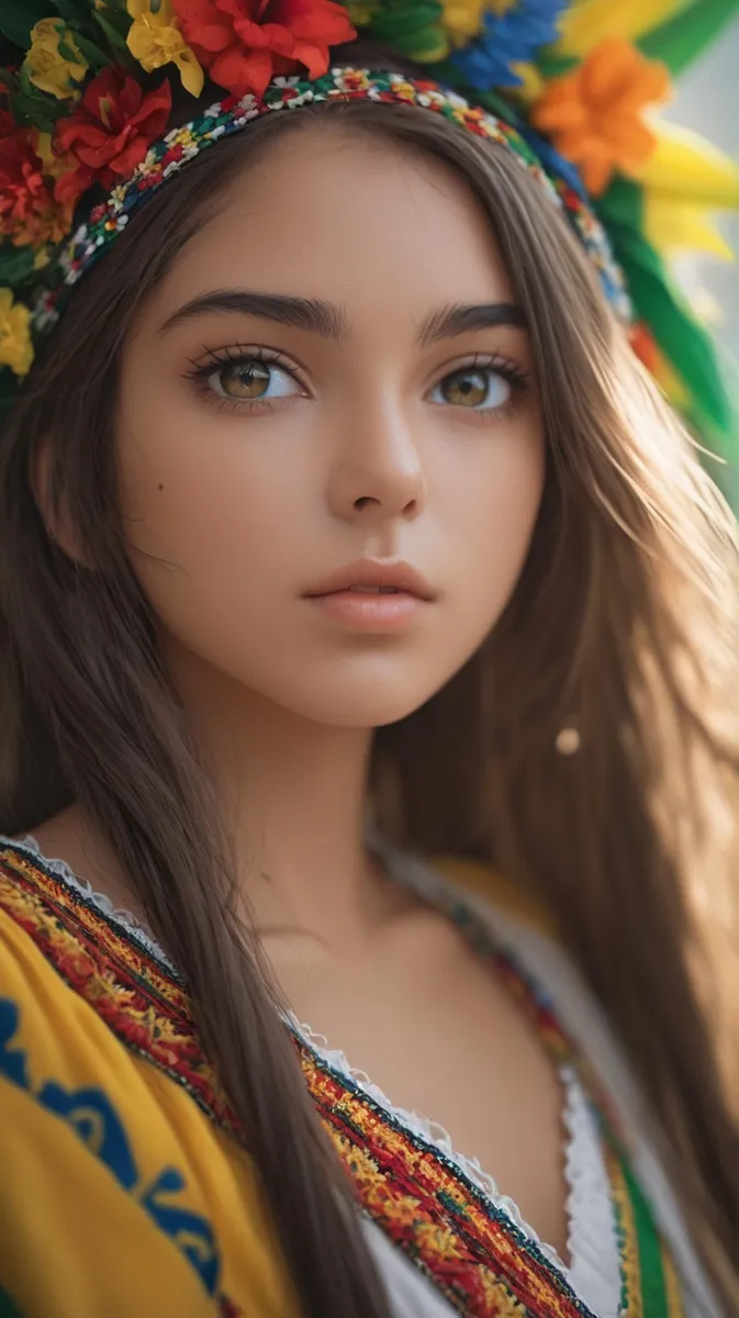 A young girl in traditional Ukrainian dress with a vibrant flower crown generated using Stable Diffusion.