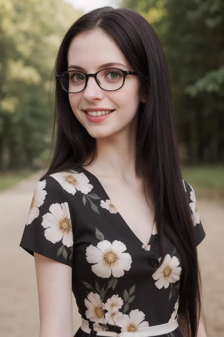 A woman with black hair and glasses wearing a black floral dress, created using Stable Diffusion.