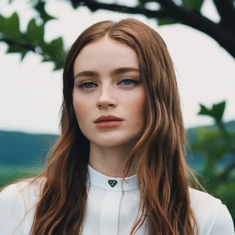 AI generated image of a young woman with long hair, wearing a white shirt, standing outdoors with a nature background, created using Stable Diffusion