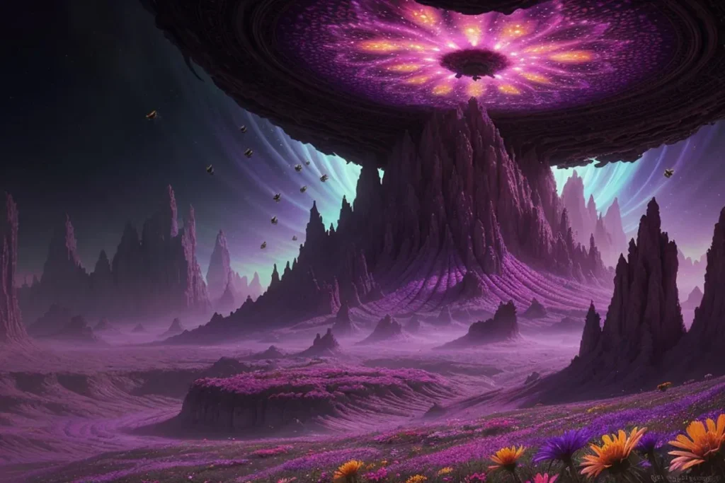 Ai generated image of an alien landscape with towering purple structure, using stable diffusion.