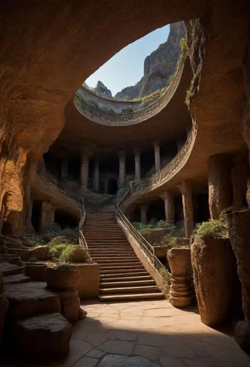 Ancient underground structure with carved stone pillars and staircases leading upwards, natural light pouring in from an opening above, AI generated using Stable Diffusion.