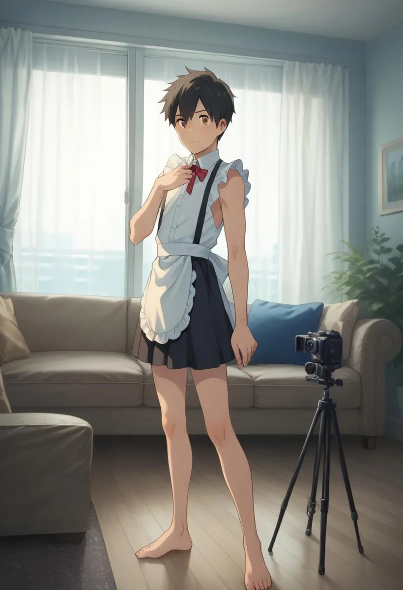 An anime-style boy in a maid outfit with a red bow tie standing inside a modern living room with a camera on a tripod. AI generated image using Stable Diffusion.