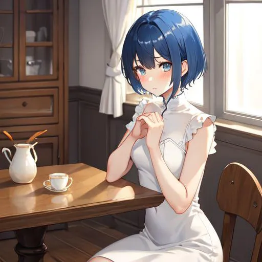 An AI generated image using Stable Diffusion of a blue-haired anime girl sitting in a café, with a cup of coffee on the wooden table.