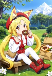 An AI generated image of an anime girl with fox ears and long blonde hair, wearing a red outfit and red boots, sitting on a wooden bench in a garden with a mountain in the background, eating a chocolate sprinkled donut.