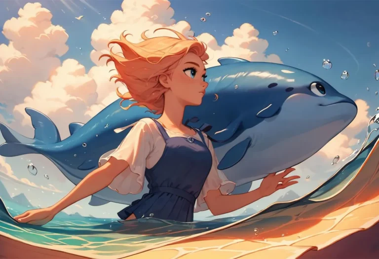 Anime-styled girl with short blonde hair walking beside a giant blue fish in the ocean. AI-generated image using Stable Diffusion.