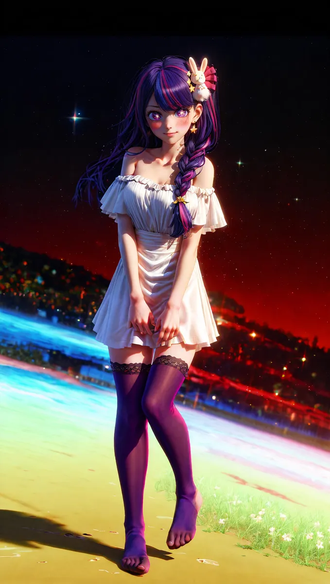 Anime-style character with long purple hair styled with ribbons, wearing a white dress and purple thigh-high stockings, standing against a colorful background at night, created using AI and Stable Diffusion.