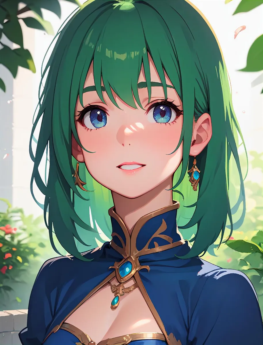 Anime girl with green hair and blue eyes wearing an ornate blue and gold dress with matching jewelry, created using stable diffusion AI.