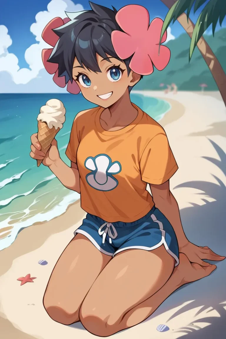 Anime style image of a girl at the beach holding an ice cream cone, created using Stable Diffusion AI.