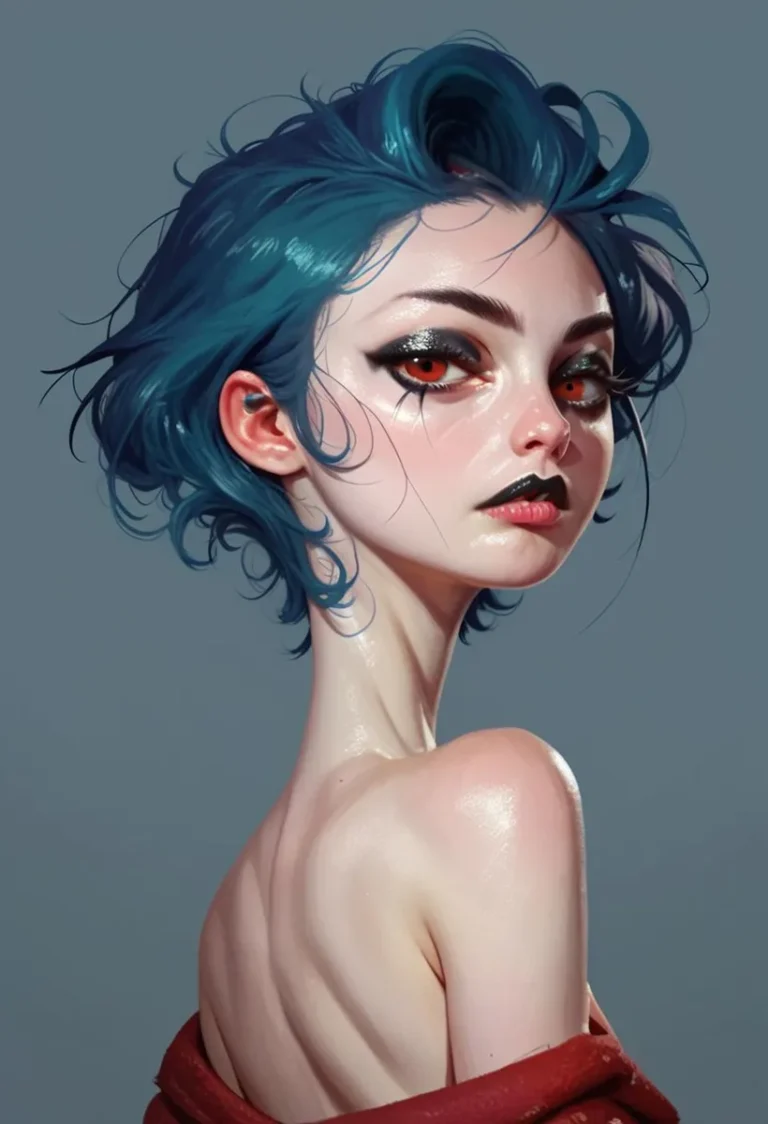 A striking digital art of an anime character with short, tousled blue hair, piercing red and black eyes, and wearing a red garment. This is an AI-generated image using Stable Diffusion.