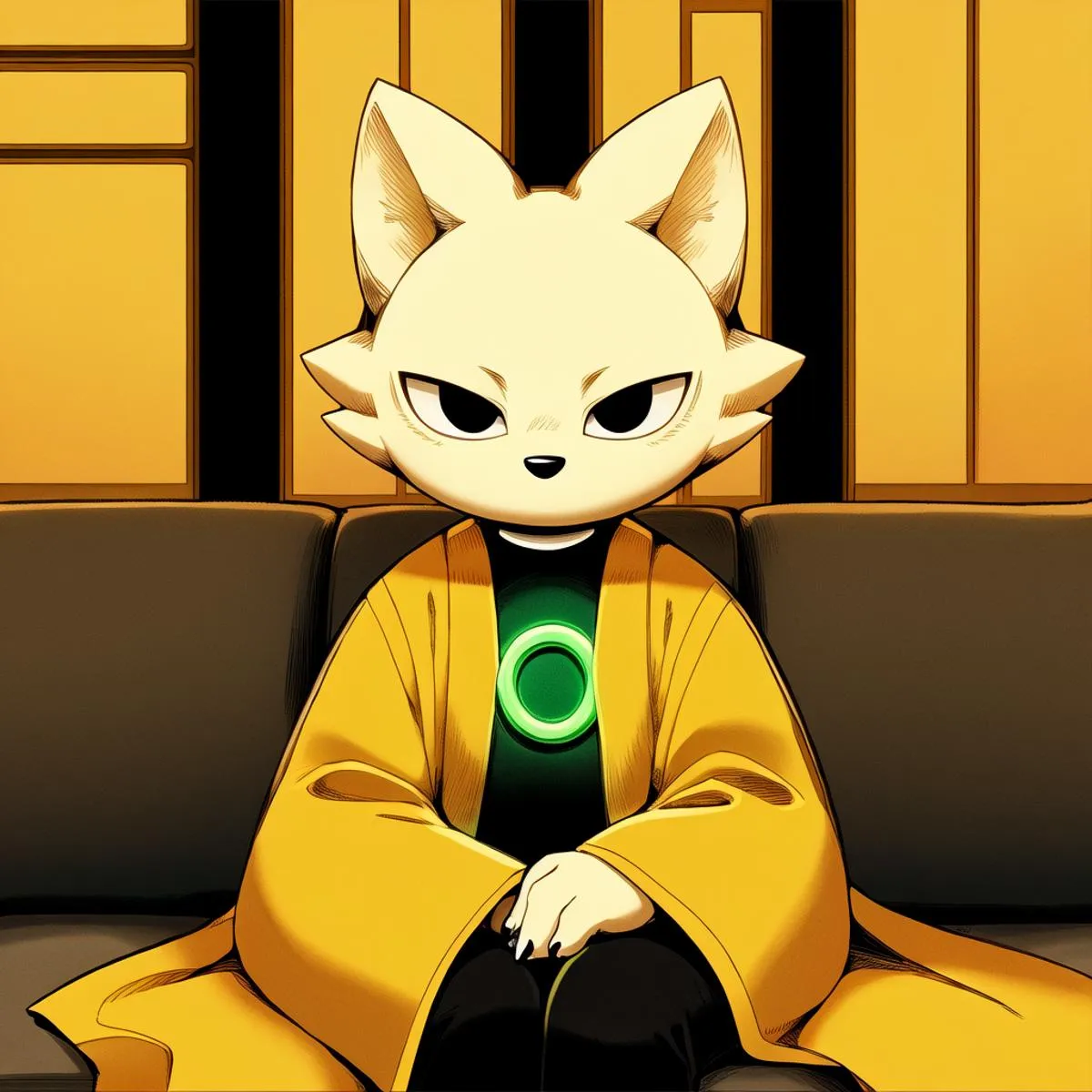 AI generated image using stable diffusion of an anime-style cat with a serious expression wearing a futuristic yellow robe, seated on a couch with a geometric yellow and black background.