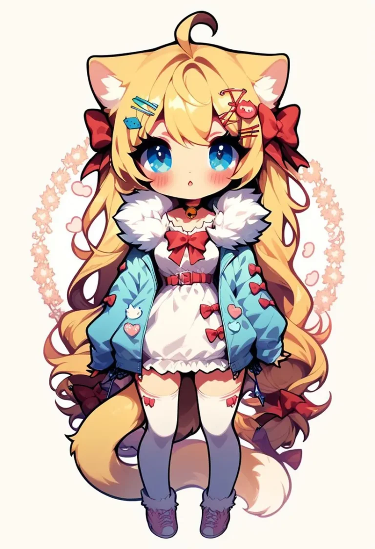 A kawaii anime cat girl in chibi style. AI generated image created using Stable Diffusion.