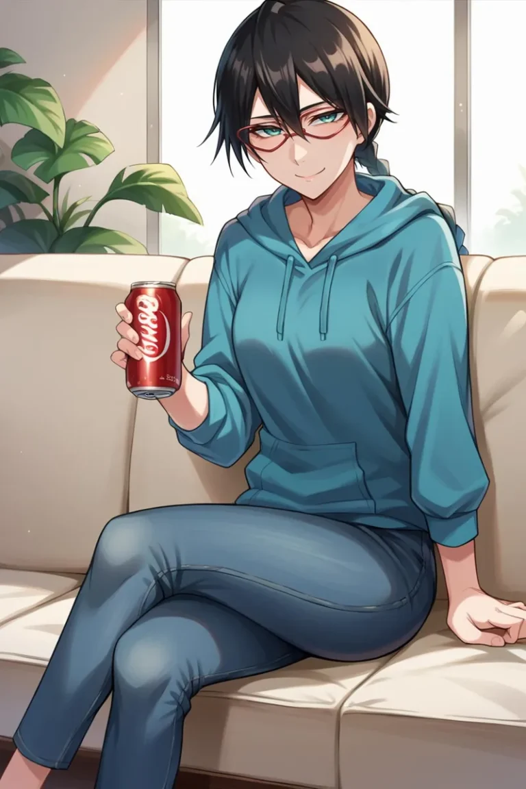 Anime character in a blue hoodie and jeans sitting on a couch, holding a soda can, AI generated image using stable diffusion.