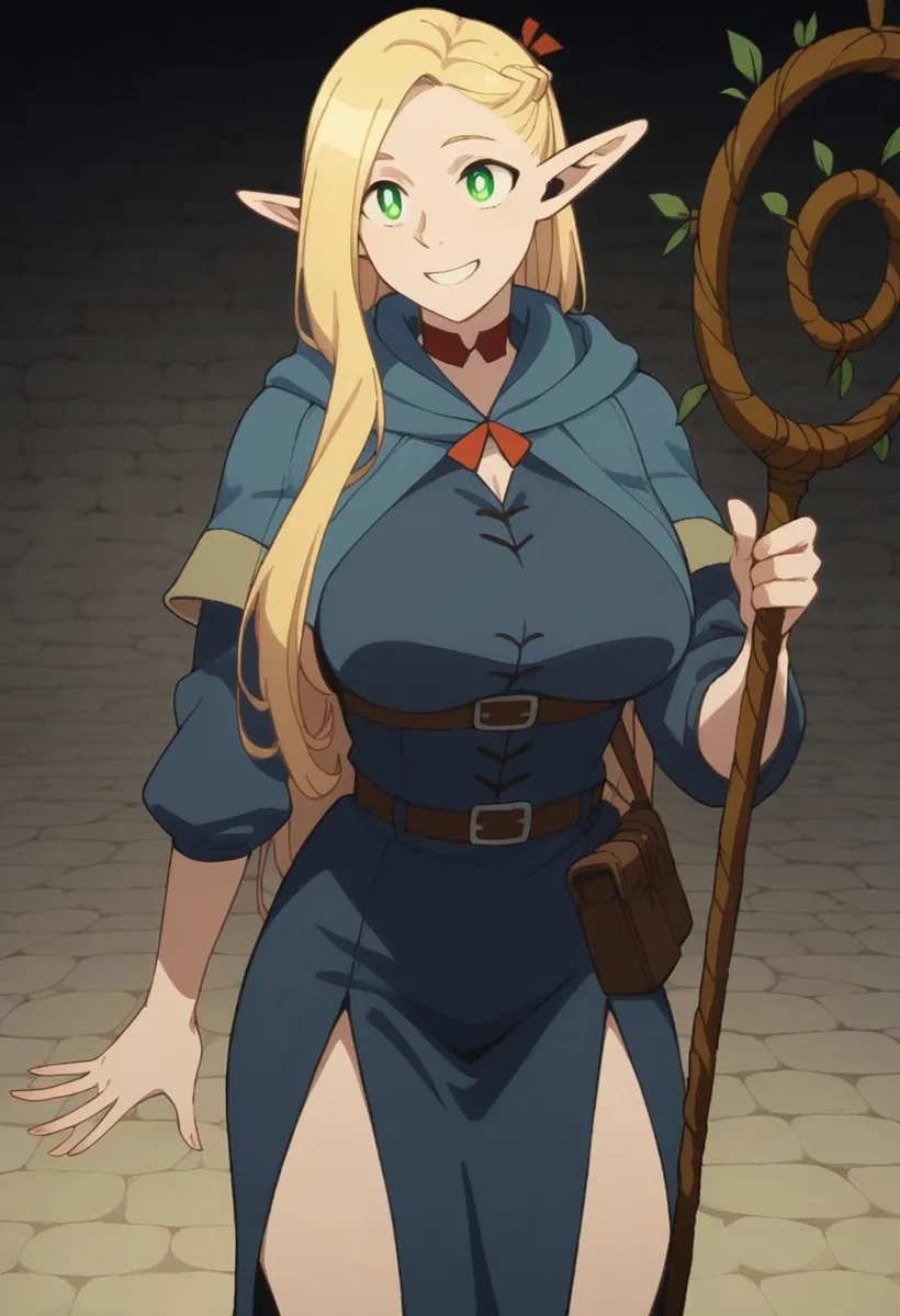 Anime elf woman with blonde hair, wearing a blue fantasy outfit, and holding a staff. This is an AI generated image using stable diffusion.