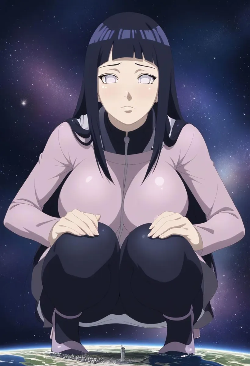 A giant anime girl with long black hair and white eyes in a pink top and black pants, sitting on a planet with a starry space background. AI generated image using Stable Diffusion.