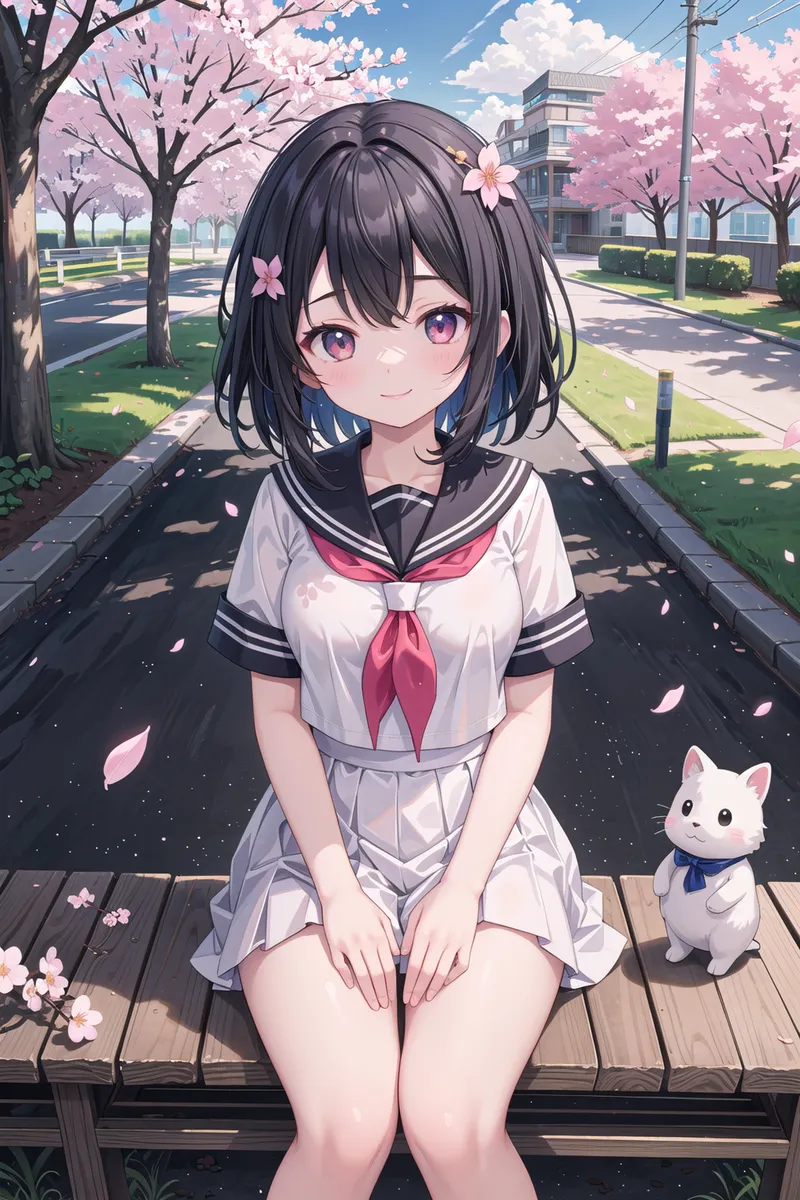 Anime girl with short black hair and purple eyes sitting on a bench, wearing a sailor school uniform, surrounded by cherry blossom trees and accompanied by a small white cat. AI generated image using Stable Diffusion.