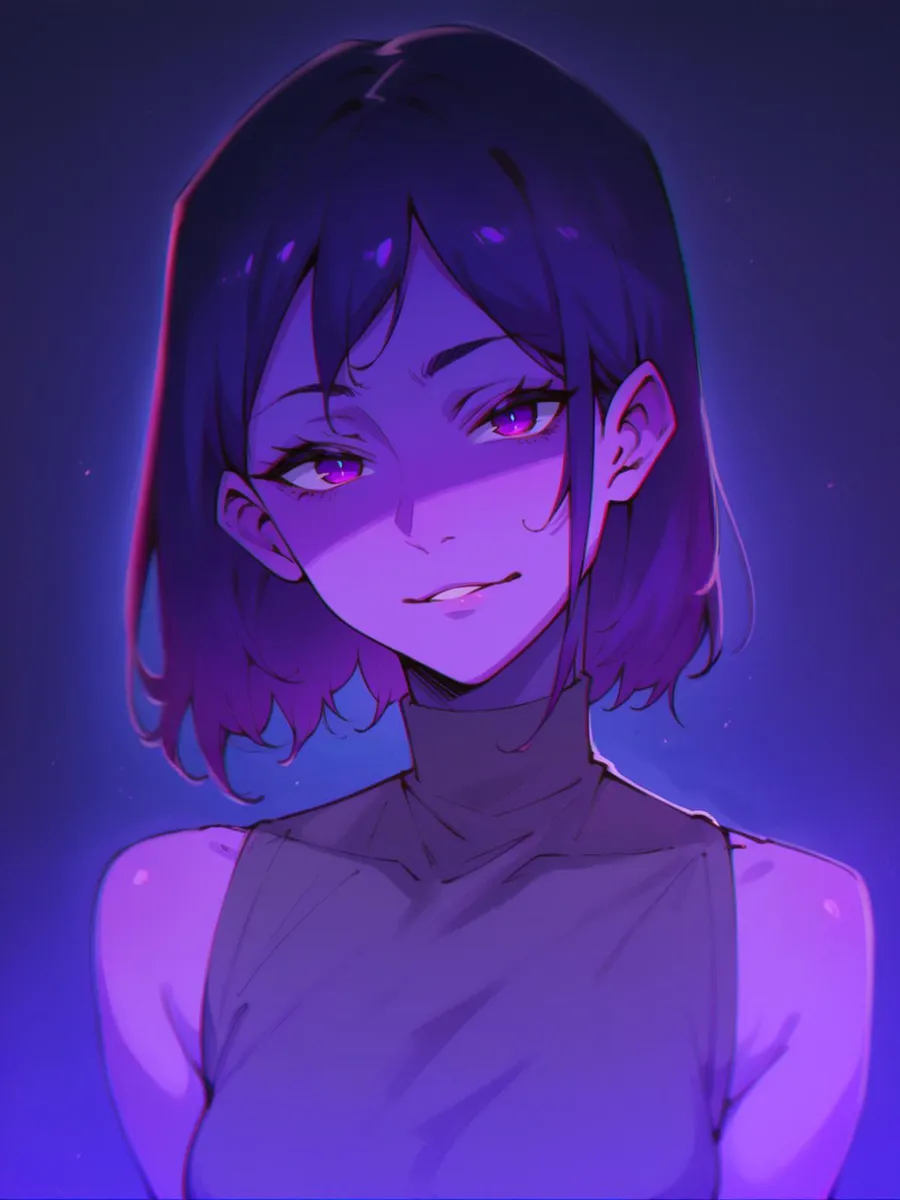 Digital art of an anime girl with shoulder-length purple hair, smiling subtly. AI-generated image using Stable Diffusion.