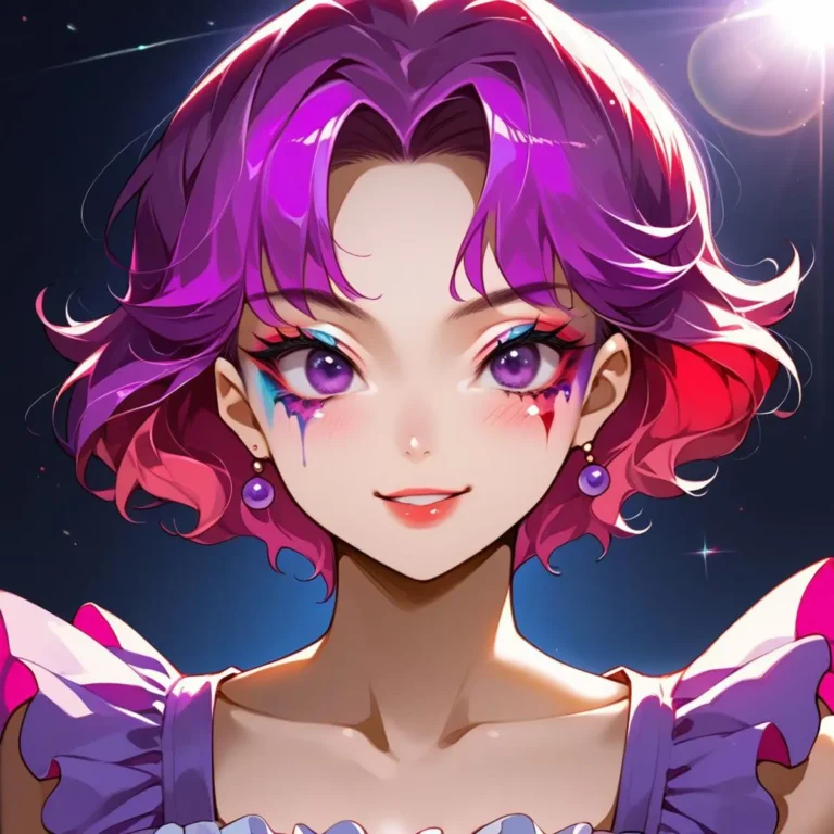 A digitally created anime girl with vibrant purple hair and colorful makeup using Stable Diffusion AI tool.