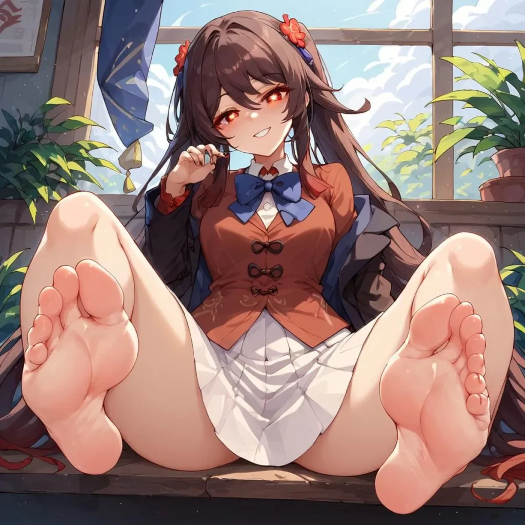 Anime girl sitting with legs stretched out, smiling with red eyes, wearing a brown vest and a blue bow, two red flowers on her hair. Ai generated image using stable diffusion.