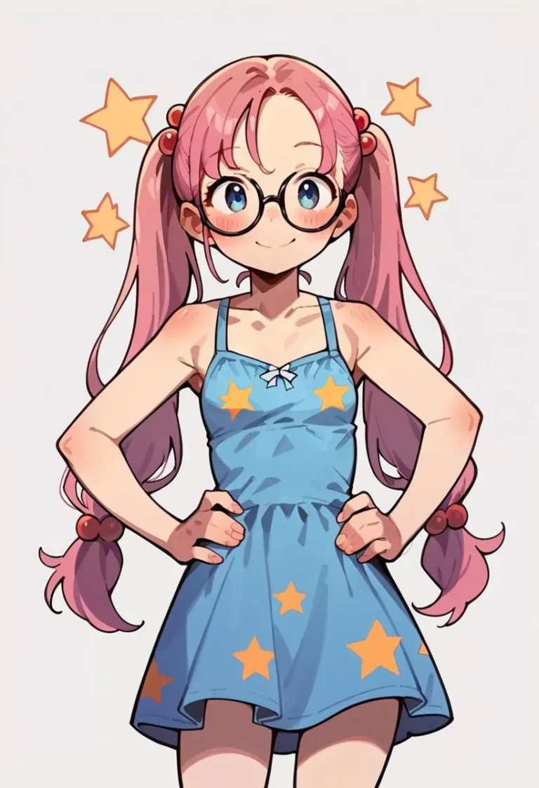 Anime girl with long pink hair, glasses, and dressed in a blue dress with star patterns. Stylish AI-generated image using Stable Diffusion.