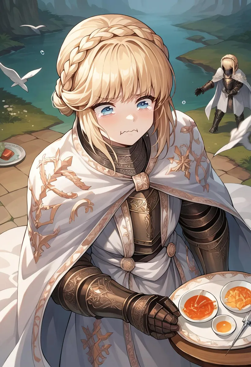 An AI generated image using stable diffusion of a crying blonde anime knight in medieval armor, holding a plate with food.