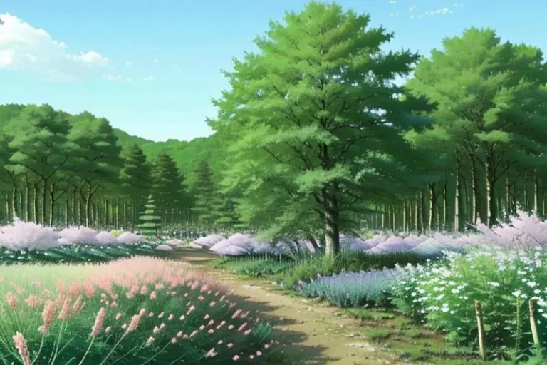 An AI generated image using stable diffusion depicting an anime-style landscape featuring a forest path surrounded by lush trees and colorful flowers.