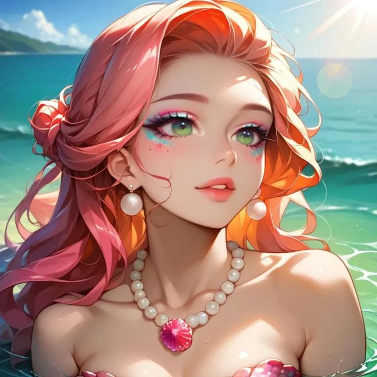 A vibrant anime-styled mermaid with pink hair and green eyes, wearing pearl jewelry, created by AI using Stable Diffusion.