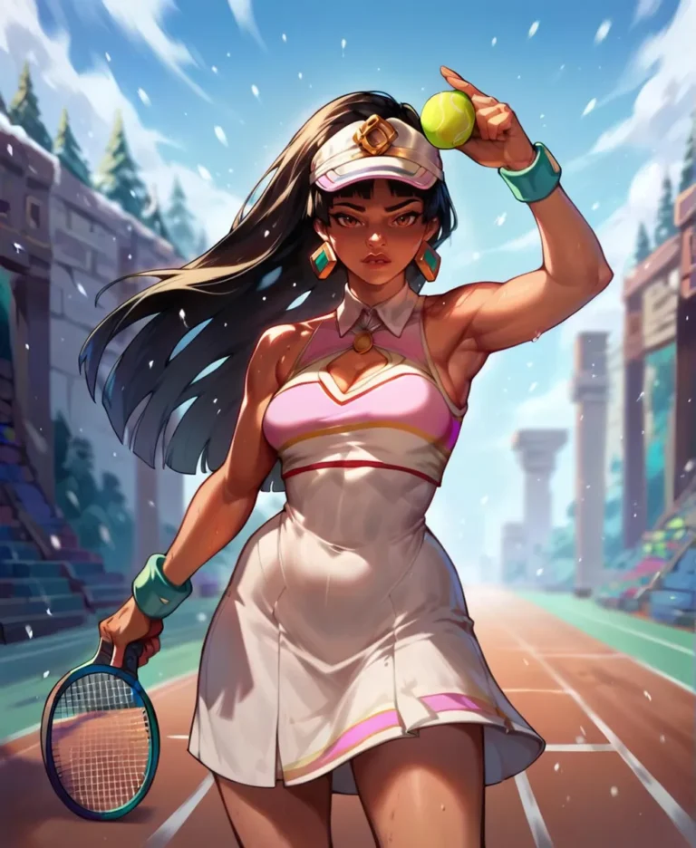 Athletic anime-style woman in a tennis outfit, generated using Stable Diffusion AI