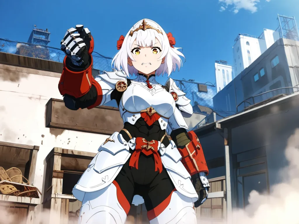 An ai-generated image using stable diffusion depicting an anime warrior cyberpunk knight with white hair, white and red armor, standing in an industrial cityscape.