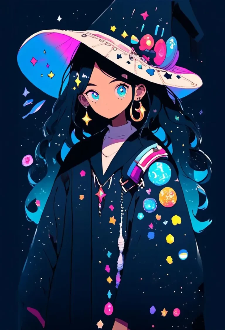 An AI-generated anime-style image depicts a magical girl with galaxy-themed embellishments on her clothing and hat using Stable Diffusion.