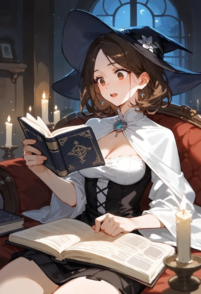 An ai generated image of an anime-style witch with a blue hat and brown hair reading a magical book in a candlelit room, created using stable diffusion.