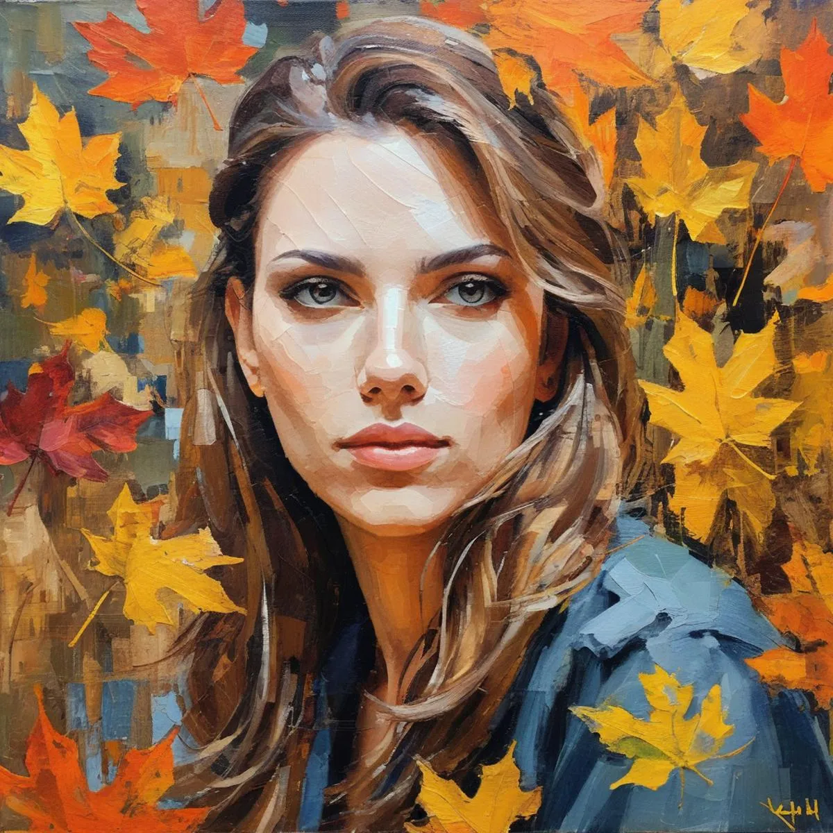 AI generated image using Stable Diffusion of a woman with long hair surrounded by autumn leaves in various shades of yellow and orange.