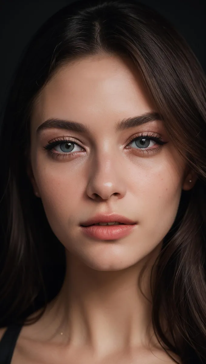 Close-up beauty portrait of a woman's face with blue eyes, subtle makeup, and long dark hair. AI-generated using Stable Diffusion.