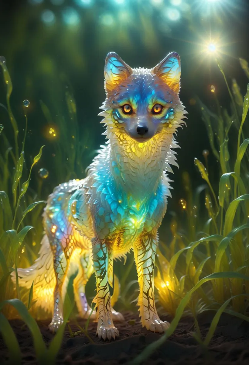 A magical, bioluminescent fox glowing in vibrant blues, greens, and yellows, standing in a dark, enchanting forest with ethereal lighting. AI generated image using Stable Diffusion.