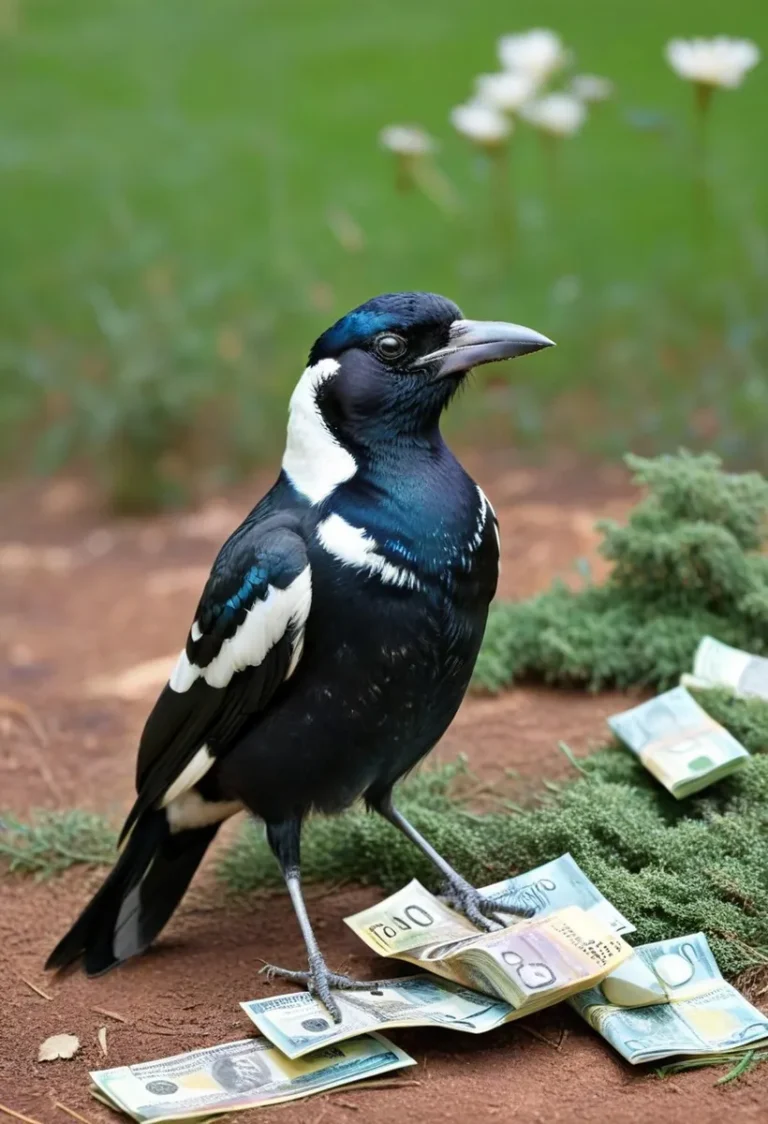 A detailed AI generated image using stable diffusion of a black and white bird standing on a pile of cash.