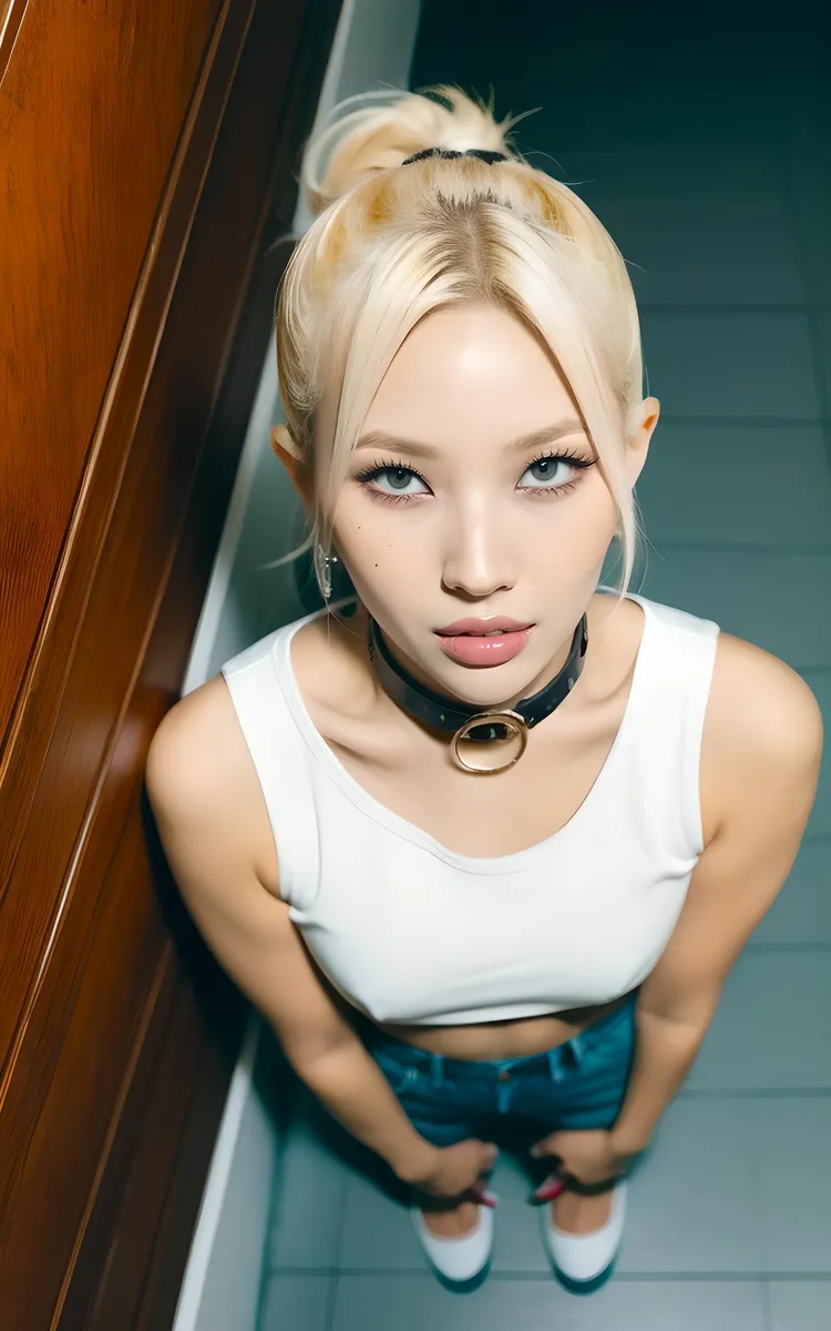 A blonde woman with blue eyes, dressed in a white crop top and blue jeans, stares upwards with an intense look. She is wearing a black choker and standing against a wooden wall. This is an AI generated image using Stable Diffusion.