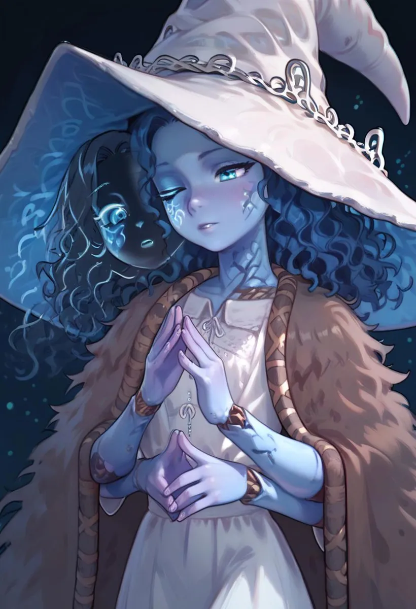 Blue-skinned witch character with long curly hair, wearing a large hat and fur-trimmed cloak, AI generated image using Stable Diffusion.