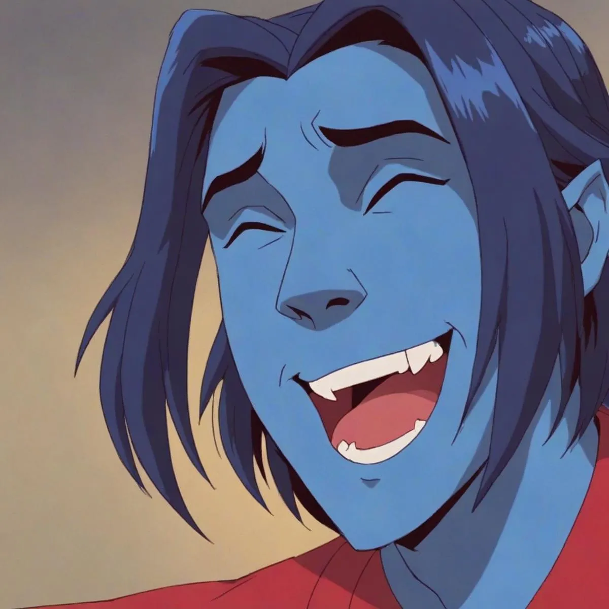 A smiling blue-skinned vampire character with long dark hair and sharp fangs. This is an AI generated image using Stable Diffusion.