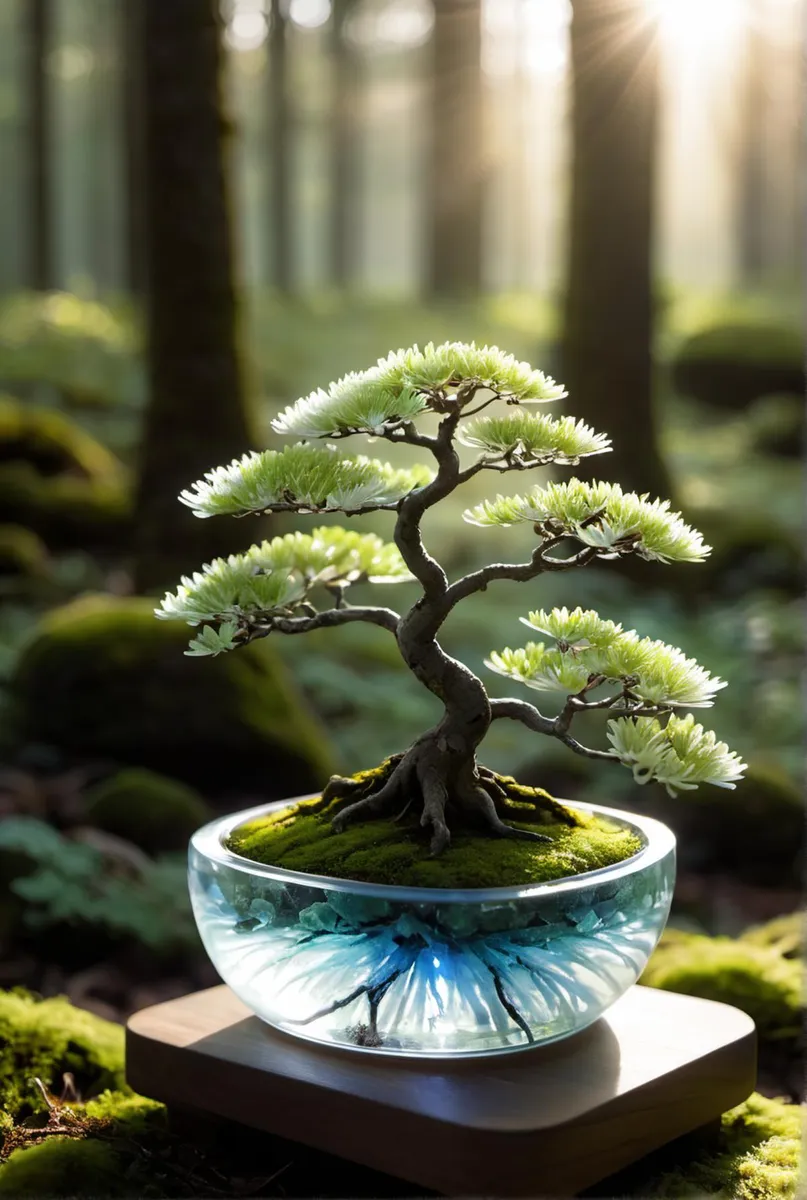 A beautifully realistic AI-generated image using Stable Diffusion of a bonsai tree in a modern glass planter set in a serene forest background.