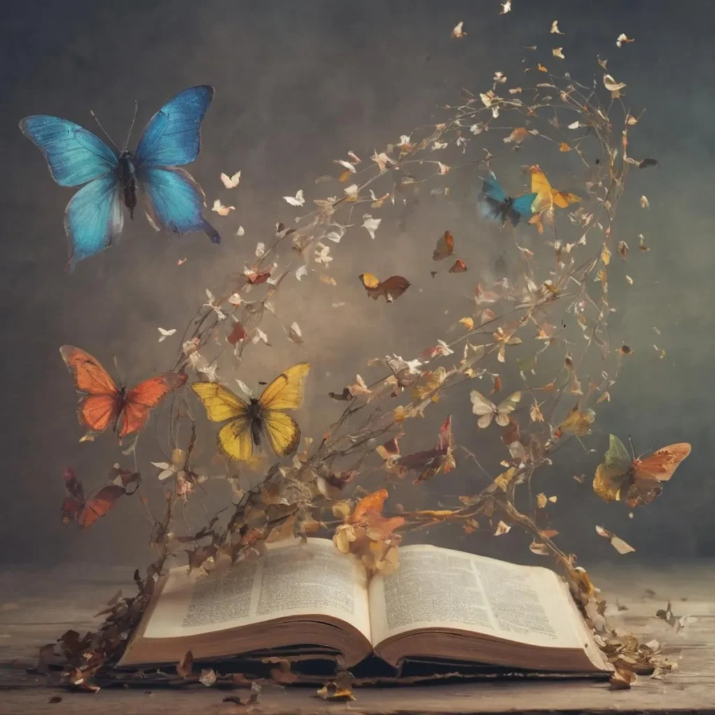 Surreal image of colorful butterflies emerging from an open book with ethereal lighting, emphasizing that is an ai generated image using stable diffusion.