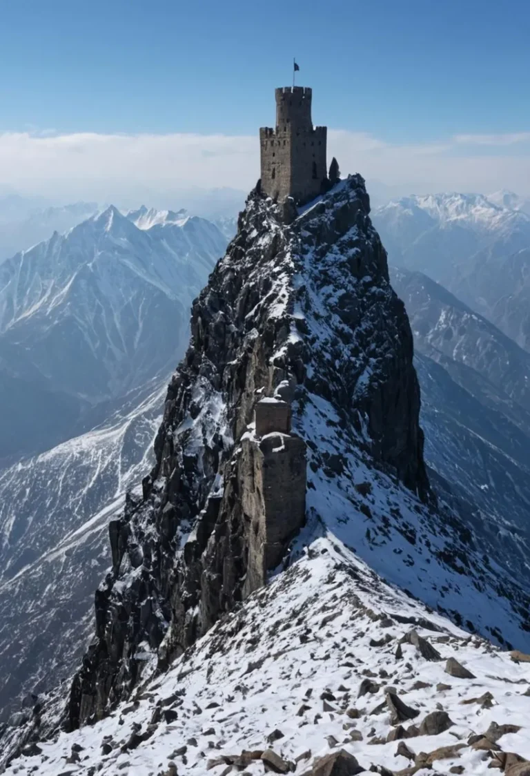 A high castle perched atop a steep, snow-covered mountain peak with a range of mountains spreading out in the background. This is an AI generated image using Stable Diffusion.