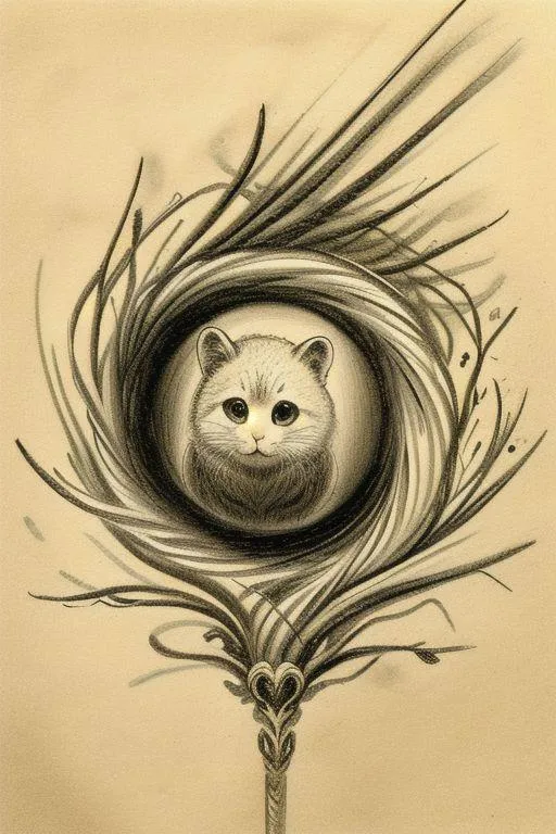 A sketch of a cat's face framed within the eye of a peacock feather, emphasizing intricate details. This image was AI generated using Stable Diffusion.