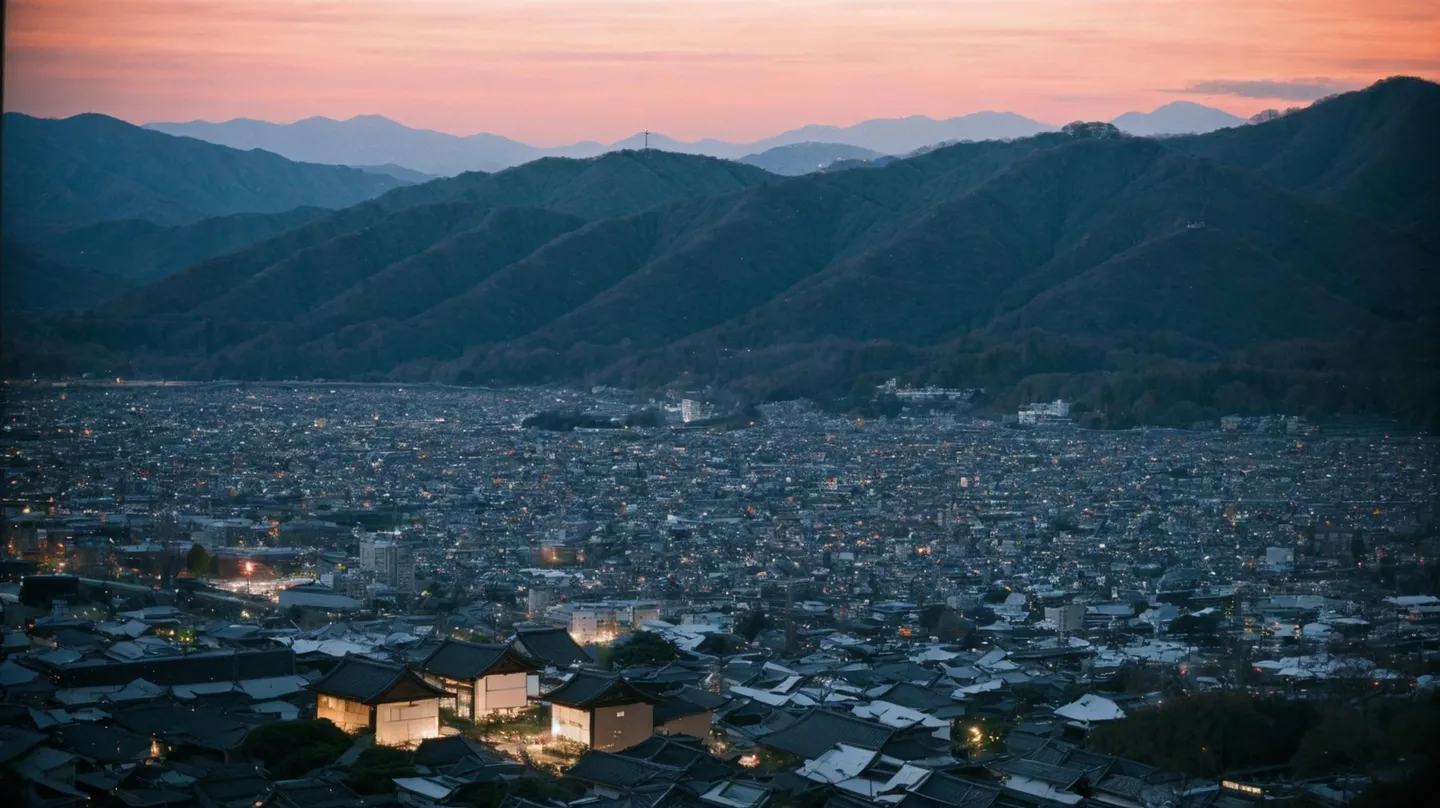 Aerial view of a city nestled in mountains during sunset, created with AI using stable diffusion