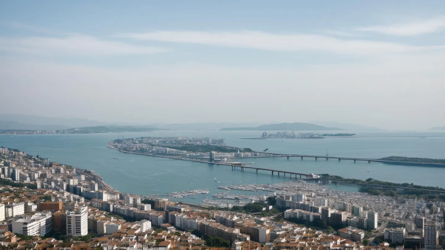 Aerial view of a coastal city featuring multiple bridges connecting various parts of the city, AI generated using stable diffusion.