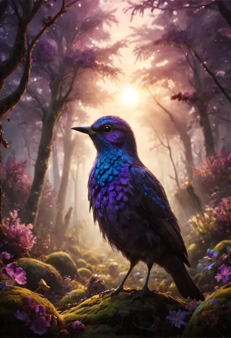 A colorful bird with vibrant purple and blue feathers perched on moss in a mystical forest, created using AI and Stable Diffusion.