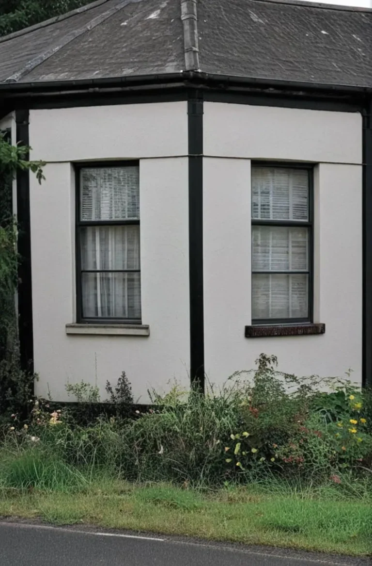 A corner of a house with minimalist design, featuring black trim and large windows. AI generated image using Stable Diffusion.