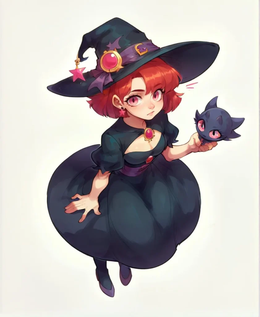 Anime style image of a cute witch with red hair wearing a black dress and hat, holding a small creature. Ai generated using stable diffusion.