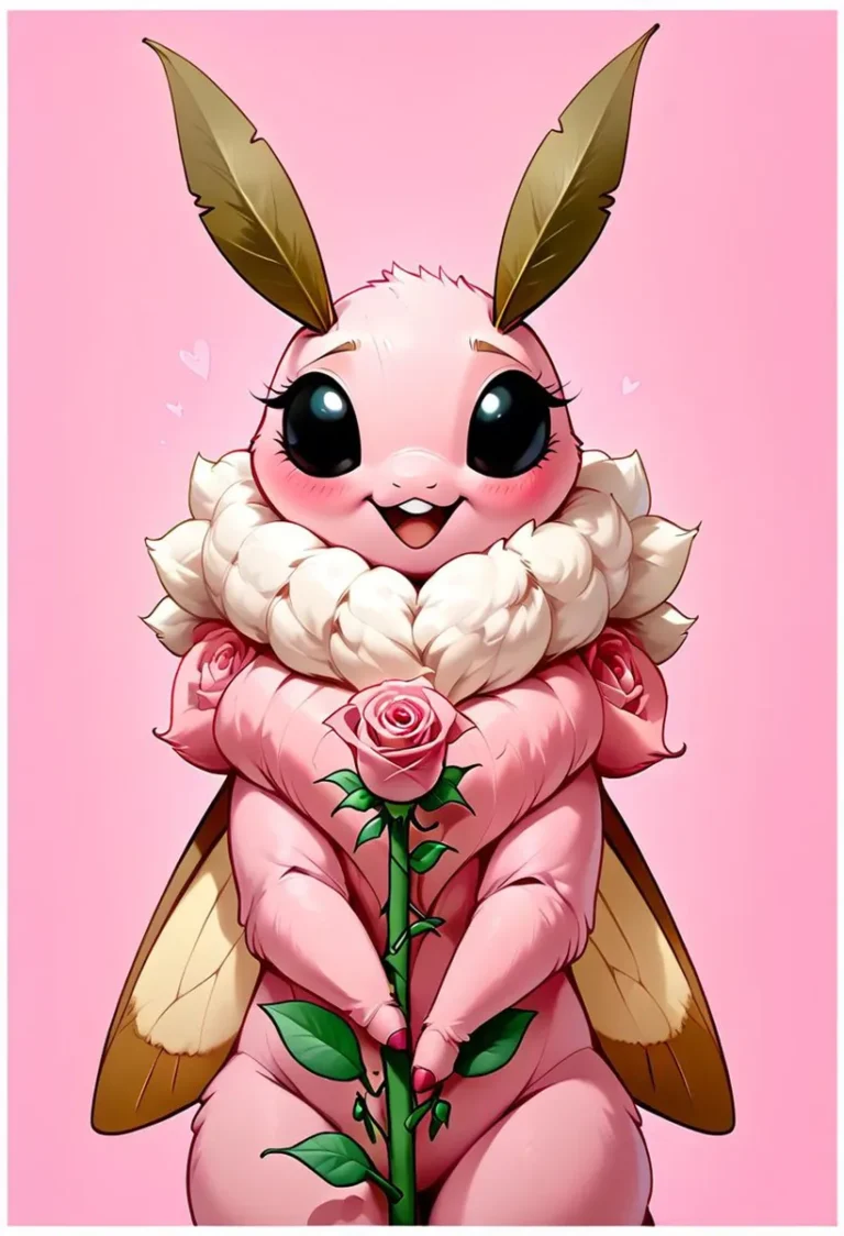 Cute fantasy creature with large eyes holding a rose on a pink background. AI generated image using Stable Diffusion.